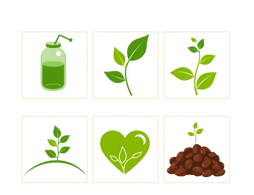 Icons representing transparency, sustainability, quality, and holistic health with natural elements