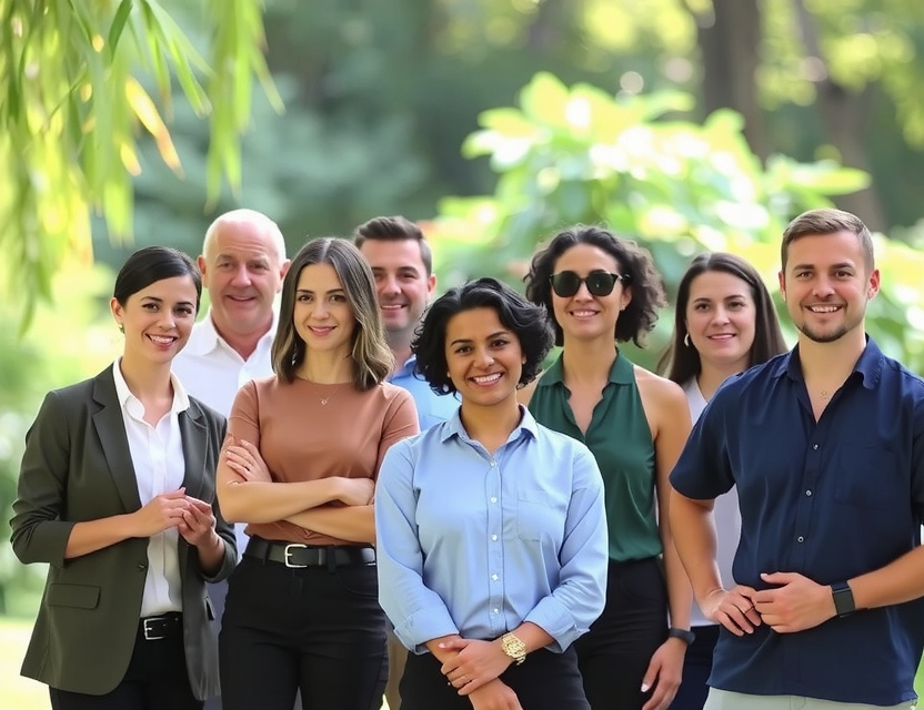 Diverse team of wellness experts in a natural outdoor setting